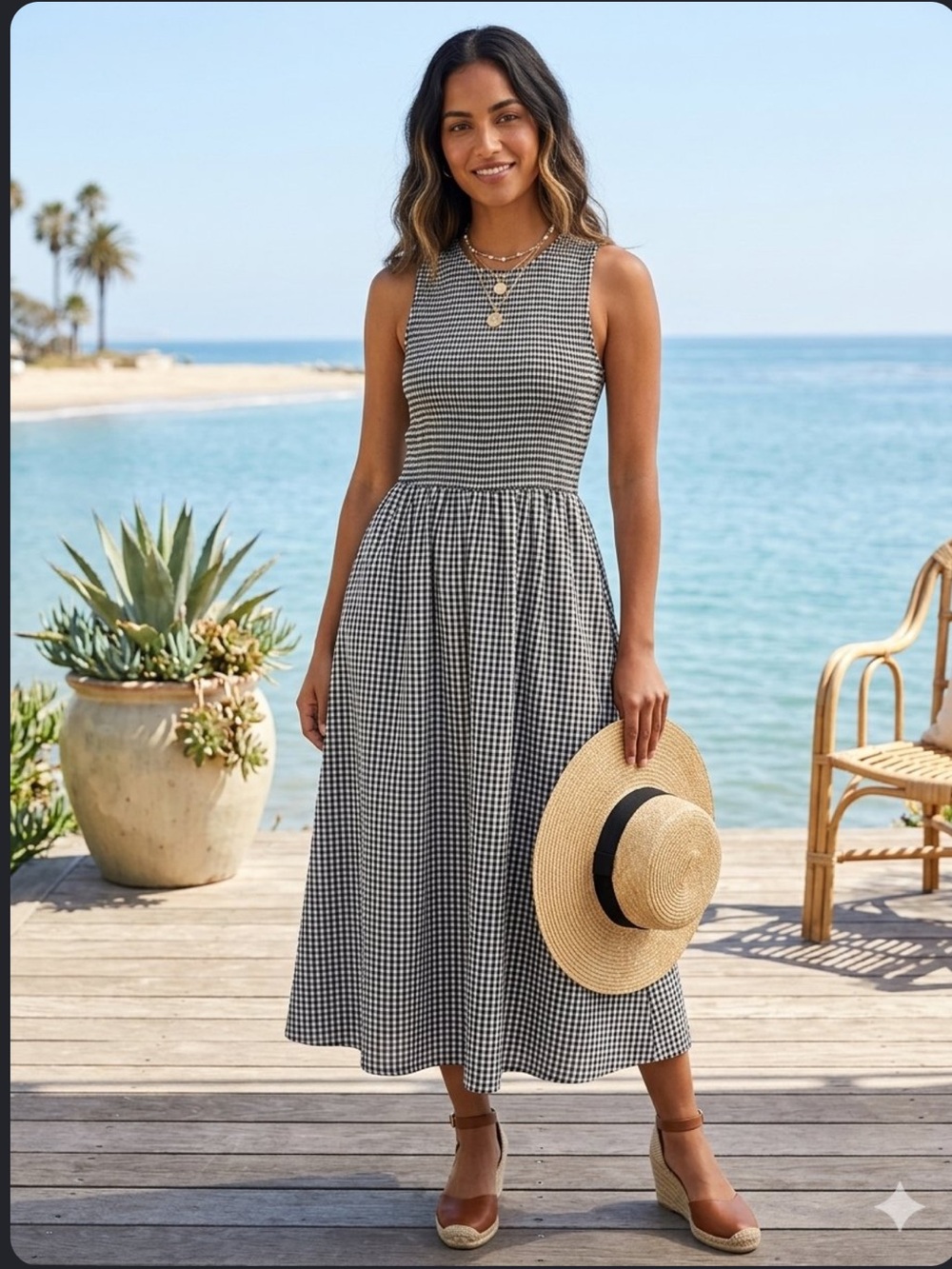 Marine Layer Darcy Smocked Poplin Dress S  Pima Cotton Black White Gingham New